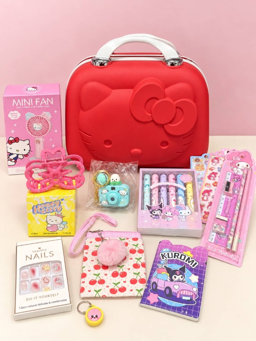Hello Kitty Red Hard Vanity Carry Case with Matching Pink Stationery